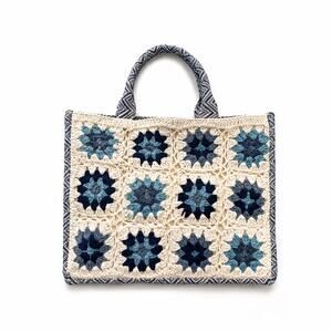 ANTIK KRAFT Crochet Granny Square Tote Bag Blue Cream Knit Boho Handbag